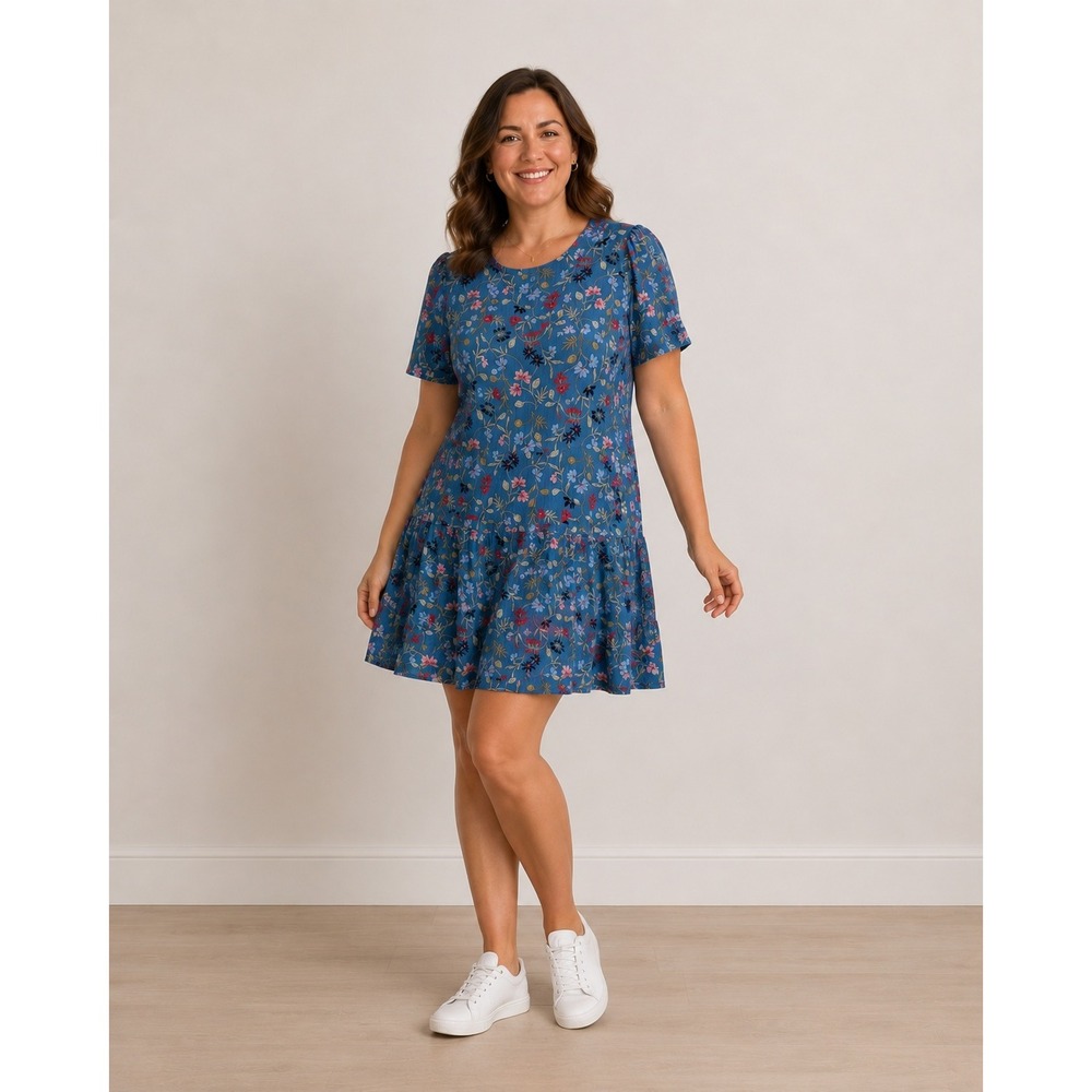 LOFT Blue Floral Tiered Mini Dress Short Sleeve Rayon Size 14 NEW